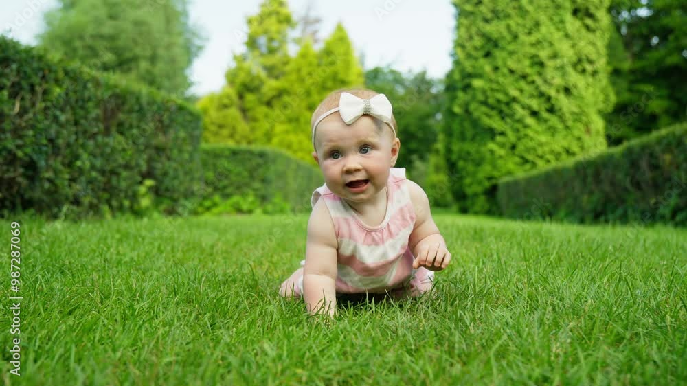 Cute baby crawls across green grass. She explores garden. Cheerful little girl relaxing outdoors. Childhood concept. Smiling child. 4K, UHD Cute baby crawls across green grass. She explores garden. Cheerful little girl relaxing outdoors. Childhood concept. Smiling child. 4K, UHD