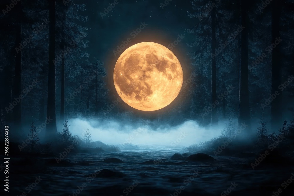 Fototapeta premium Eerie Full Moon Illuminates a Mystical Forest, A Stunning Nighttime Scene of Nature's Beauty and Mystery, Featuring a Full Moon Casting an Eerie, Mystical Glow Over a Quiet, Foreboding Forest