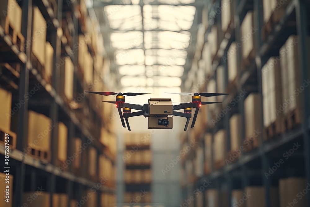 Drone Navigating Through Rows of Shelves in a Modern Warehouse During Daytime Operations Drone Navigating Through Rows of Shelves in a Modern Warehouse During Daytime Operations