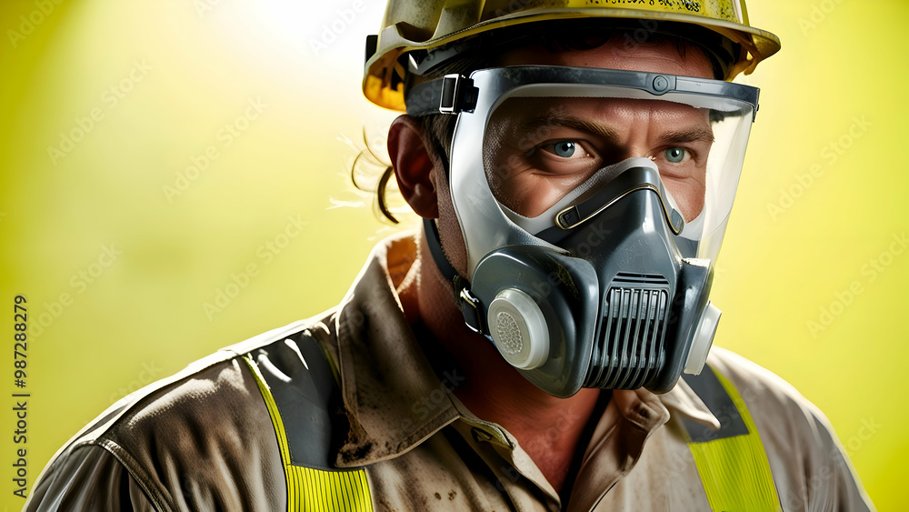 Portrait of a firefighter wearing a gas mask on a yellow background. Portrait of a firefighter wearing a gas mask on a yellow background.