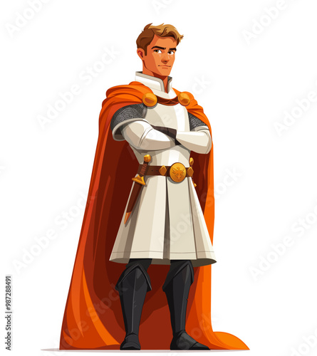 A confident cartoon knight in white armor and an orange cape stands with arms crossed, exuding bravery and leadership. Young handsome prince in cloak. Vector illustration