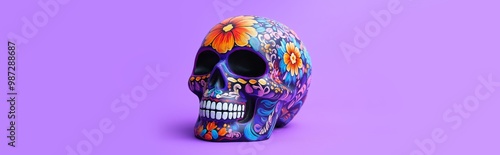 A detailed sugar skull decorated with bright floral patterns, resting on a purple backdrop photo