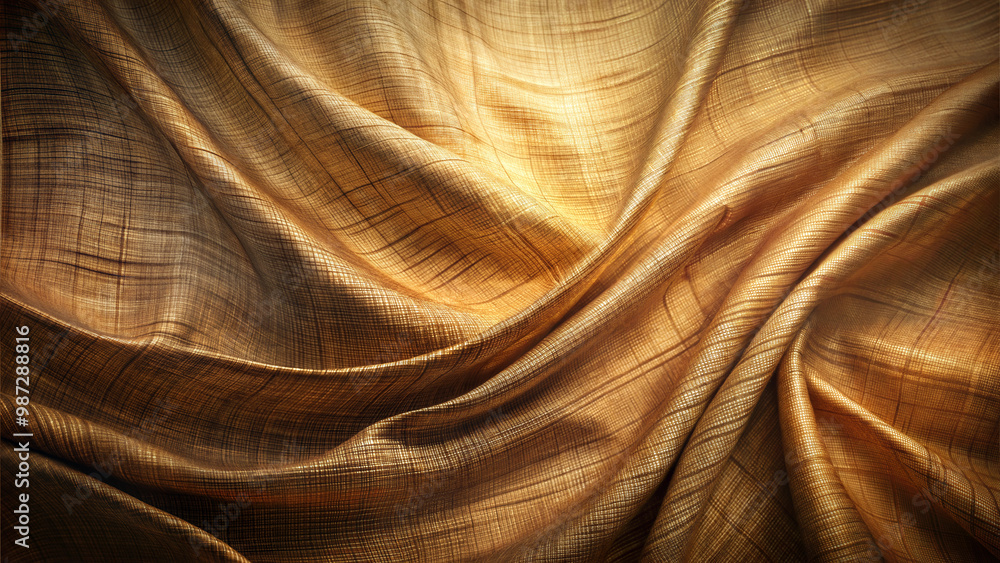 Elegant Golden Fabric Drapes with Detailed Weave and Shimmer, Warm Tones Elegant Golden Fabric Drapes with Detailed Weave and Shimmer, Warm Tones