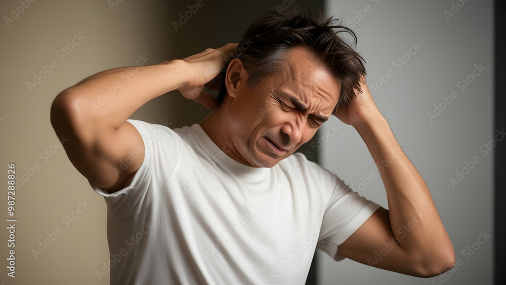 Young man suffering from headache, migraine or stress. Health care concept. Young man suffering from headache, migraine or stress. Health care concept.