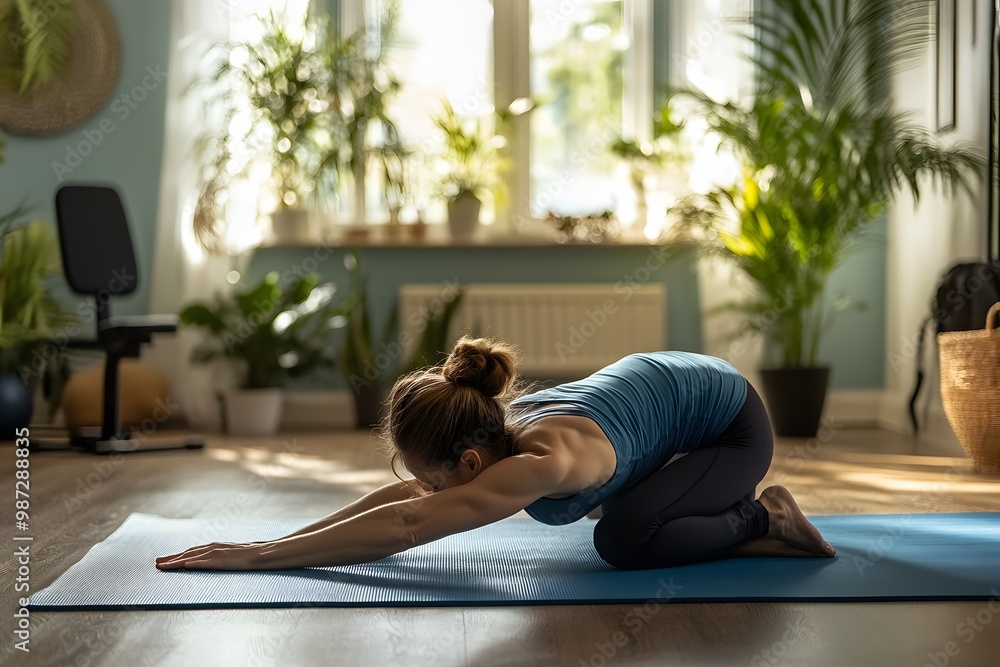 A young woman stretches her body in a yoga pose on a blue mat.