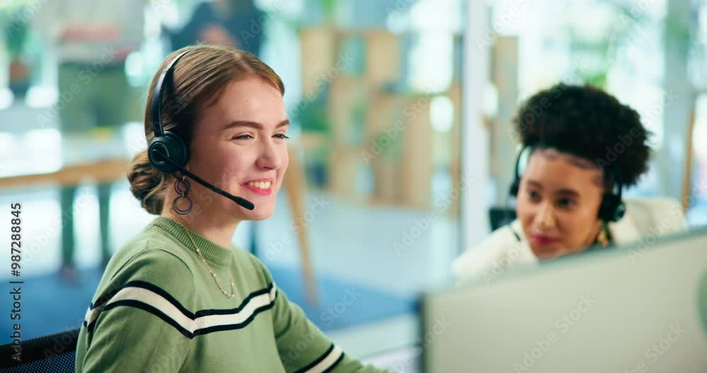 Happy business women, consultant and call center with headphones for customer service, telemarketing or sale at office. Female person, agents or employees with smile for online promotion at workplace Happy business women, consultant and call center with headphones for customer service, telemarketing or sale at office. Female person, agents or employees with smile for online promotion at workplace