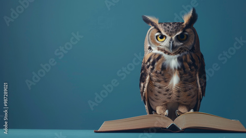 Wallpaper Mural owl sitting on a book, blue background Torontodigital.ca
