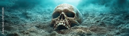 Eerie Skull Rising From the Depths, Underwater Skeleton Emerging From the Ocean Floor, Decayed Bones and Teeth, Mystical Seabed, Dark Fantasy Artwork, Underwater Skull Image photo