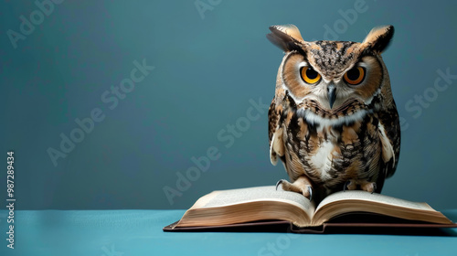 Wallpaper Mural owl sitting on a book, blue background Torontodigital.ca