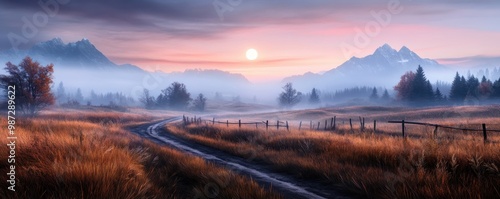 Ethereal Dawn Over Misty Mountain Peaks, Soft Clouds Embrace Peaceful Moon, Serene Countryside Road, Tranquil Landscape Photography