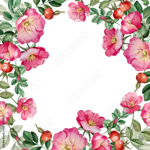 Wallpaper Mural Rose hip frame isolated on white background. Hand drawn watercolor pink wild rose flowers, buds, berries and leaves. For tea, oil and cosmetics label, packaging design, wedding invitation Torontodigital.ca