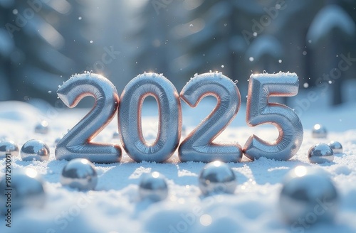 inflatable silver numbers 2025 on snow