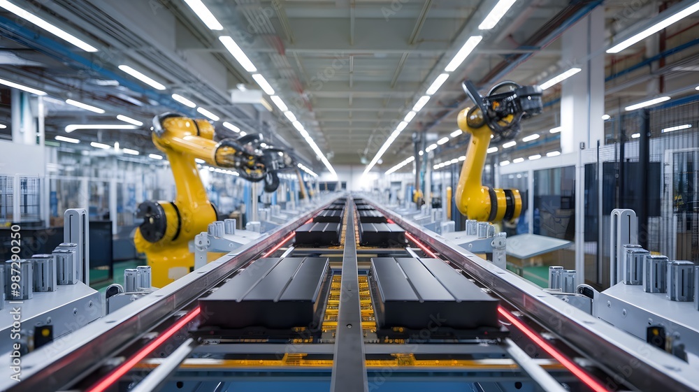 Advanced automated battery production line with robotic arms assembling lithium-ion cells on conveyor belt. Skilled workers in protective gear supervising high-tech manufacturing process. Advanced automated battery production line with robotic arms assembling lithium-ion cells on conveyor belt. Skilled workers in protective gear supervising high-tech manufacturing process.