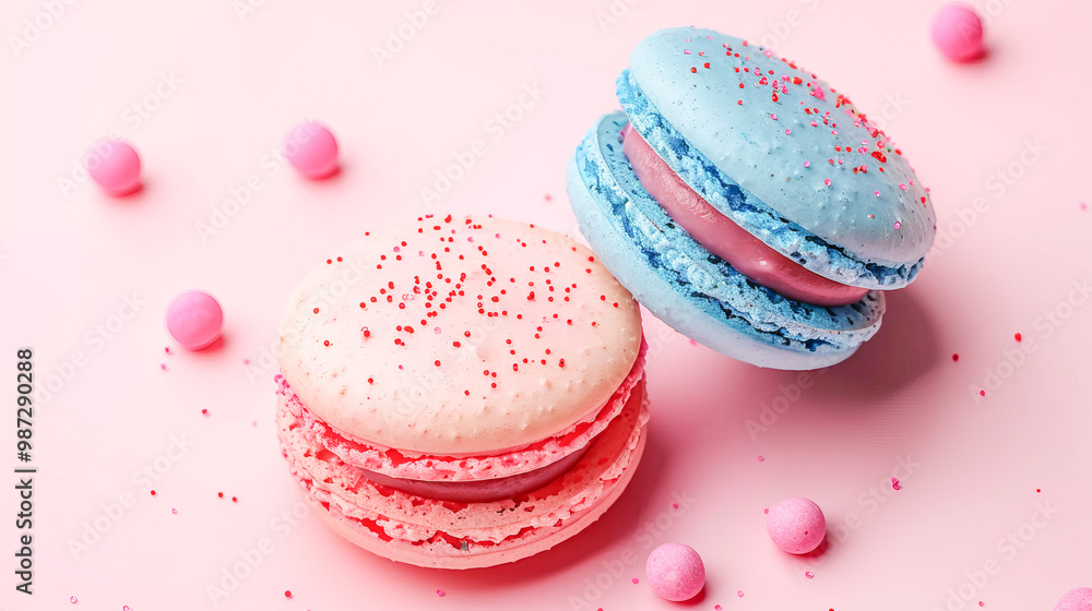 Two colorful macarons resting on a pink background with sprinkles Two colorful macarons resting on a pink background with sprinkles