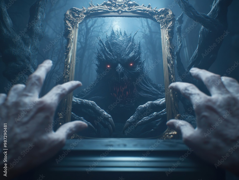 Horror Mirror Reflection Grotesque Transformation, Figure Trapped ...