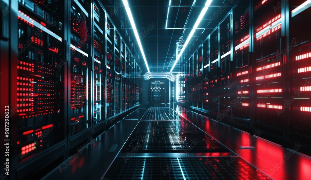 Obraz premium Futuristic server room with glowing lights and high tech equipment in a sleek, dark environment