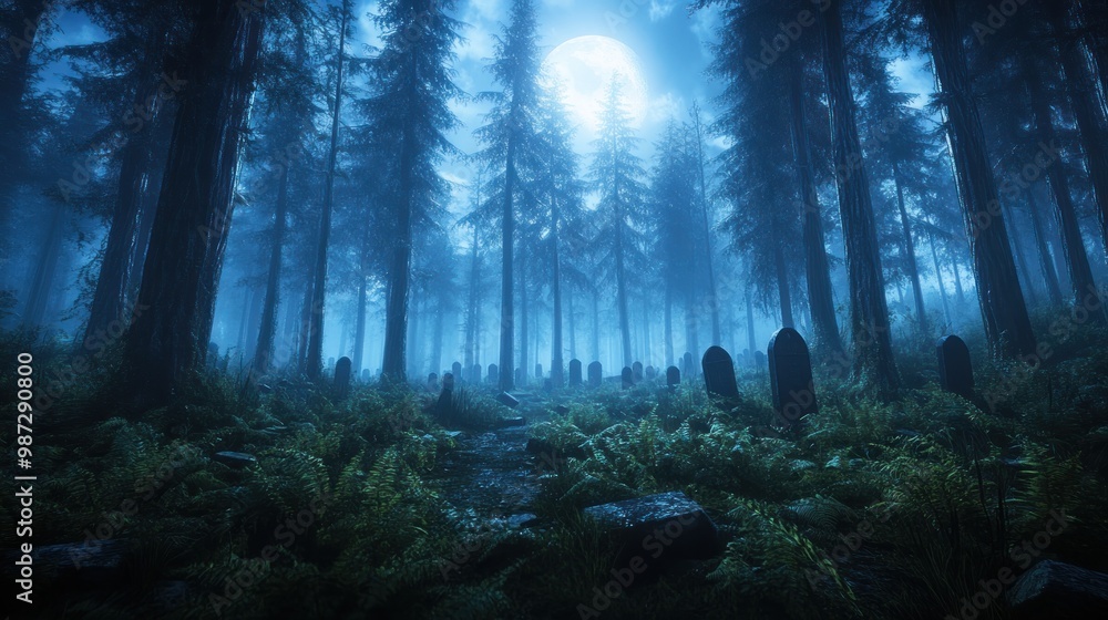 Obraz premium Mystical Graveyard Under a Full Moon Eerie Fog Envelopes Tombstones, Casting Supernatural Shadows in a Spooky Forest Setting
