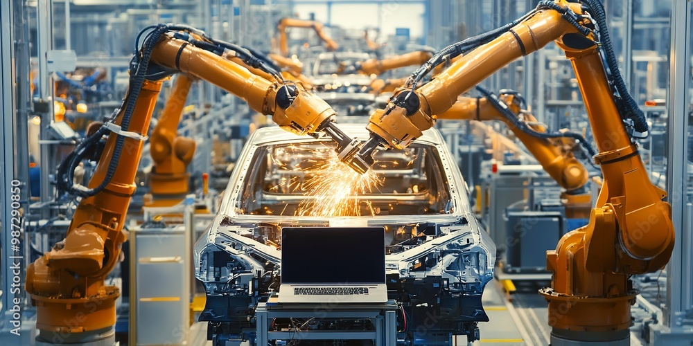 Automotive engineer at car factory using laptop. Factory is producing vehicles with robotic arms technology in an automated assembly plant. Automotive engineer at car factory using laptop. Factory is producing vehicles with robotic arms technology in an automated assembly plant.