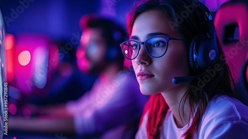 Wallpaper Mural Young Female Gamer Wearing Headset Playing in Competitive Video Game Tournament Torontodigital.ca