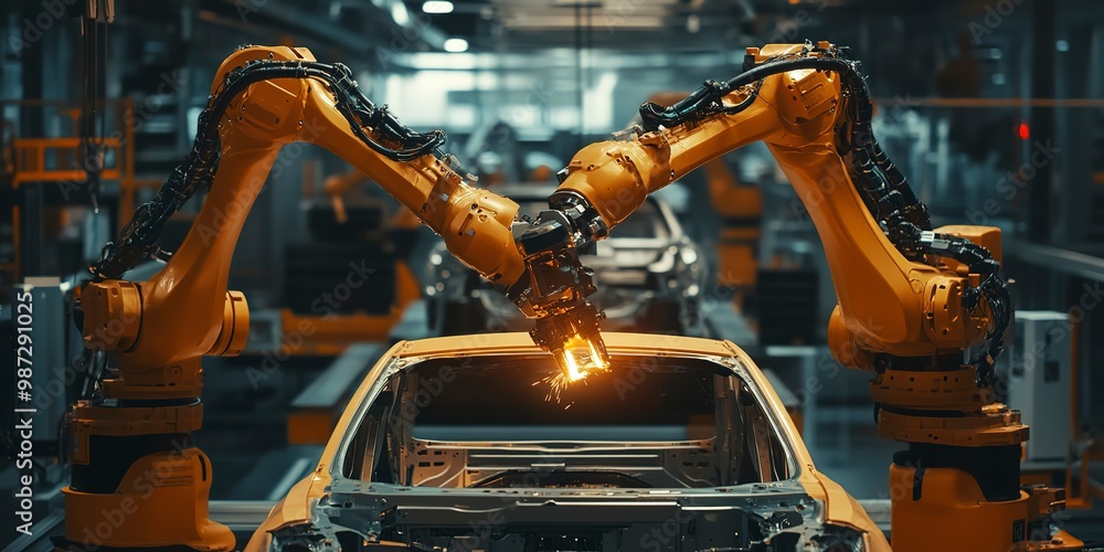 Automated robot arms in a car factory, industrial technology in automobile production Automated robot arms in a car factory, industrial technology in automobile production