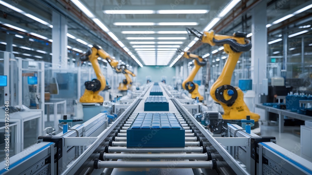 Advanced automated battery production line with robotic arms assembling lithium-ion cells on conveyor belt. Skilled workers in protective gear supervising high-tech manufacturing process. Advanced automated battery production line with robotic arms assembling lithium-ion cells on conveyor belt. Skilled workers in protective gear supervising high-tech manufacturing process.