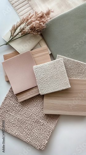 Swatches moodboard interior decor design neutral beige pink wook eco organic soft warm earthy aesthetic fabric textile texture linen cotton wool ceramic wood minimalist modern natural designer 