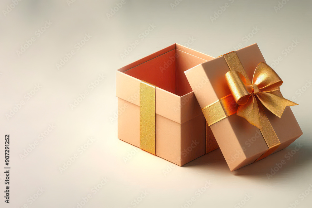Open empty gift box with gold ribbon. Space for text. Open empty gift box with gold ribbon. Space for text.