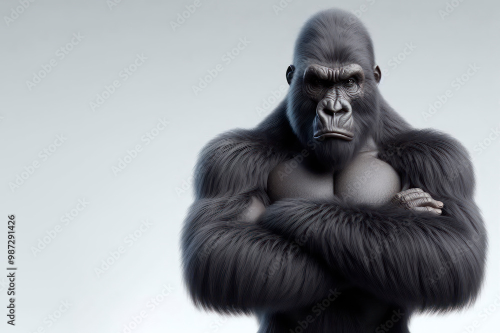 An angry gorilla with his arms crossed on his chest on a light background. Space for text. An angry gorilla with his arms crossed on his chest on a light background. Space for text.