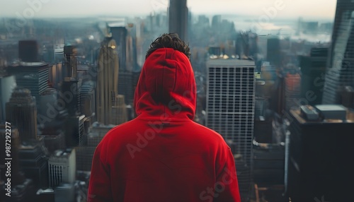 Contemplative figure in red hoodie gazing over a sprawling cityscape from a skyscraper rooftop photo