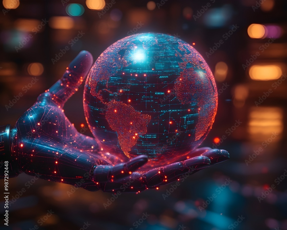 a robotic hand reaching out and lightly touching a glowing digital ...