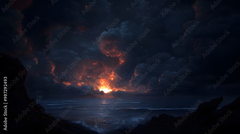 Dark clouds with a glowing orange light behind them in the night sky above a calm sea. Dark clouds with a glowing orange light behind them in the night sky above a calm sea.