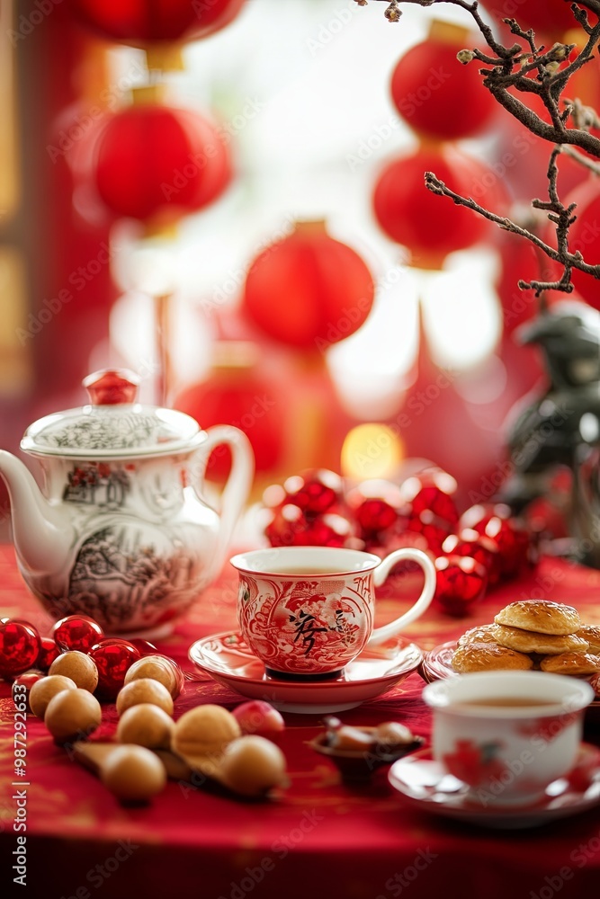 A traditional Chinese tea set (Cha Ju) with snacks, surrounded by Chinese New Year decorations, perfect for banners or festive celebrations.
A traditional Chinese tea set (Cha Ju) with snacks, surrounded by Chinese New Year decorations, perfect for banners or festive celebrations.