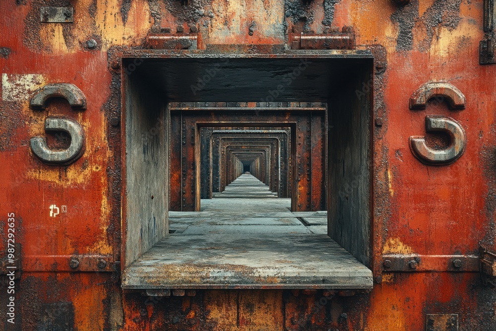 Rusty Industrial Corridor with Numbered Openings Rusty Industrial Corridor with Numbered Openings