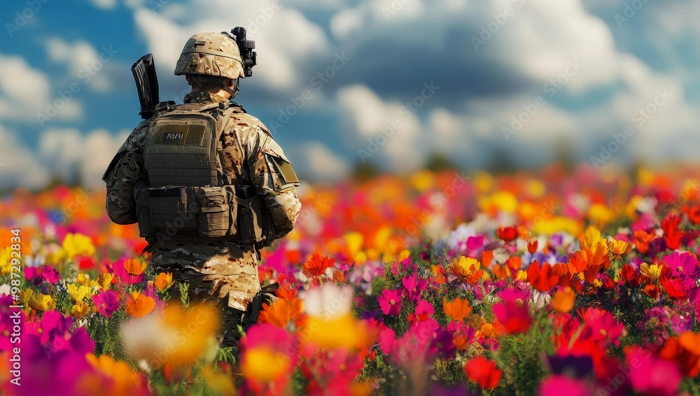 Soldier in camouflage standing in a field of flowers. Soldier in camouflage standing in a field of flowers.