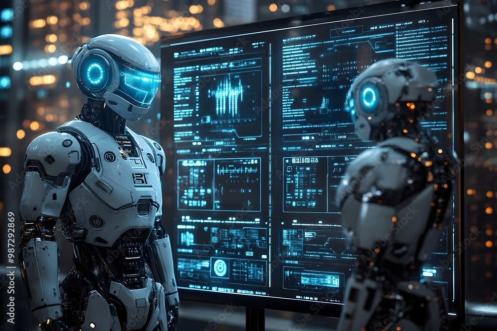 a sleek, silver humanoid robot standing in front of a holographic user interface, displaying vibrant data streams and futuristic control panels. advanced robotics and ai a sleek, silver humanoid robot standing in front of a holographic user interface, displaying vibrant data streams and futuristic control panels. advanced robotics and ai