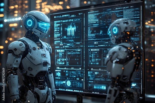 a sleek, silver humanoid robot standing in front of a holographic user interface, displaying vibrant data streams and futuristic control panels. advanced robotics and ai