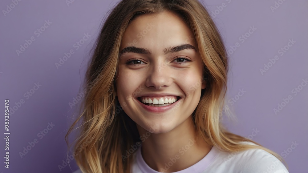 Naklejka premium teenage white woman on pastel purple background model close-up smiling with beautiful teeth for ad concept space for text