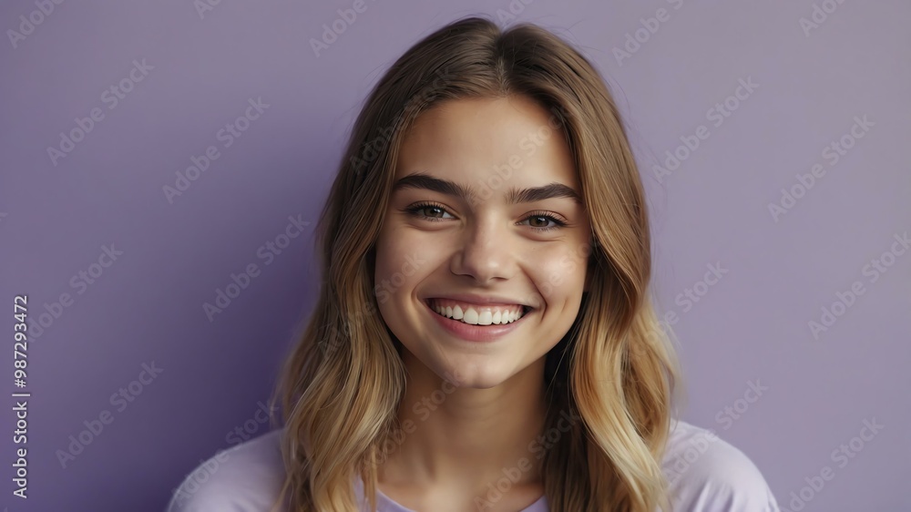 Naklejka premium teenage white woman on pastel purple background model close-up smiling with beautiful teeth for ad concept space for text