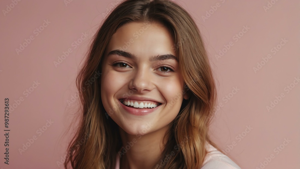 Fototapeta premium teenage white woman on pastel pink background model close-up smiling with beautiful teeth for ad concept space for text