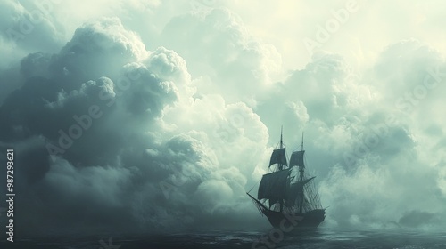 A lone sailboat sails through a dense field of clouds on a calm sea.