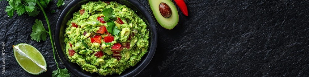 Mexican guacamole, top view with copy space Mexican guacamole, top view with copy space