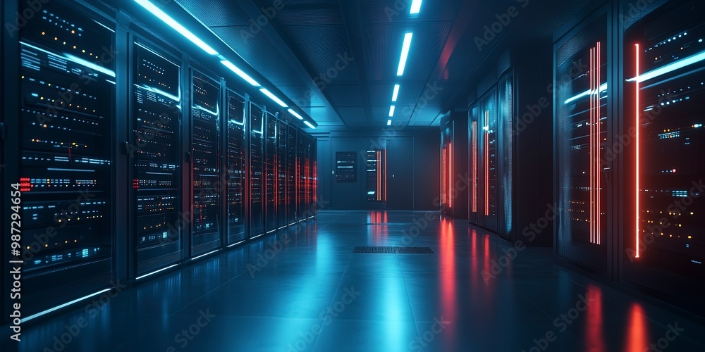 A modern data center featuring multiple servers, each equipped with glowing LED lights. A modern data center featuring multiple servers, each equipped with glowing LED lights.