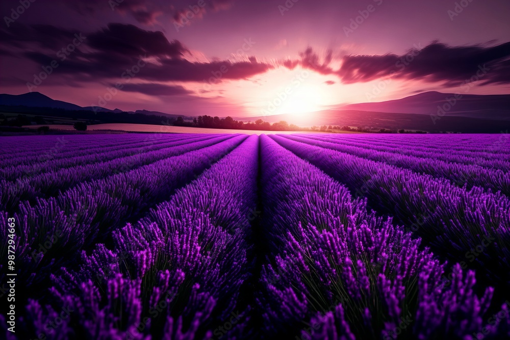 Obraz premium A stunning lavender field at sunset, with rows of vibrant purple flowers leading toward the glowing horizon as the sun sets behind distant hills
