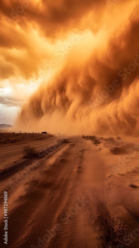 A massive sandstorm in the desert, with swirling clouds of dust and debris engulfing everything around it