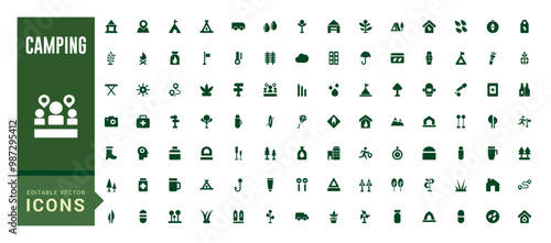 Camping icon collection. Camp, tent, fishing, picnic and more, filled icon set, glyph for web and ui. Solid icon set. Vector illustration.