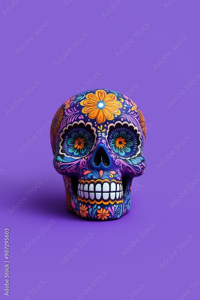A floral patterned sugar skull with vibrant orange and yellow flowers against a purple background A floral patterned sugar skull with vibrant orange and yellow flowers against a purple background