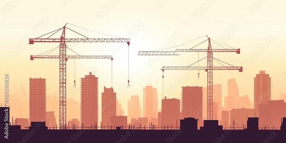 Fototapeta premium A Construction of high-rise buildings, tower cranes are lifting steel on high-rise building construction site in big city.