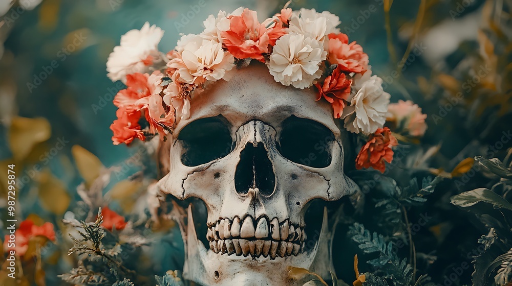 A human skull with a crown of flowers, symbolizing the circle of life and death. A human skull with a crown of flowers, symbolizing the circle of life and death.