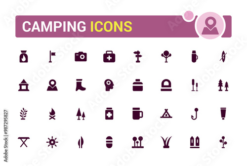 Camping icon collection. Camp, tent, fishing, picnic and more, filled icon set, glyph for web and ui. Solid icon set. Vector illustration.