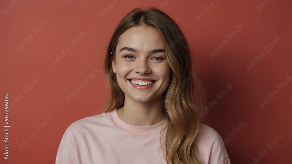 Fototapeta premium teenage european woman on pastel red background model close-up smiling with beautiful teeth for ad concept space for text